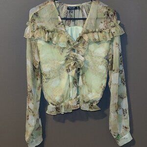 Nasty Gal Collection Floral Garden Ruffle Neck Cropped Blouse NWOT SIZE 4